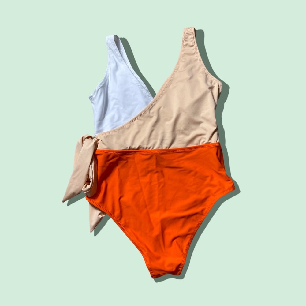 Woman's Aava White Orange Color Block Wrap One Piece Swimsuit NWT Size Small - Picture 3 of 6